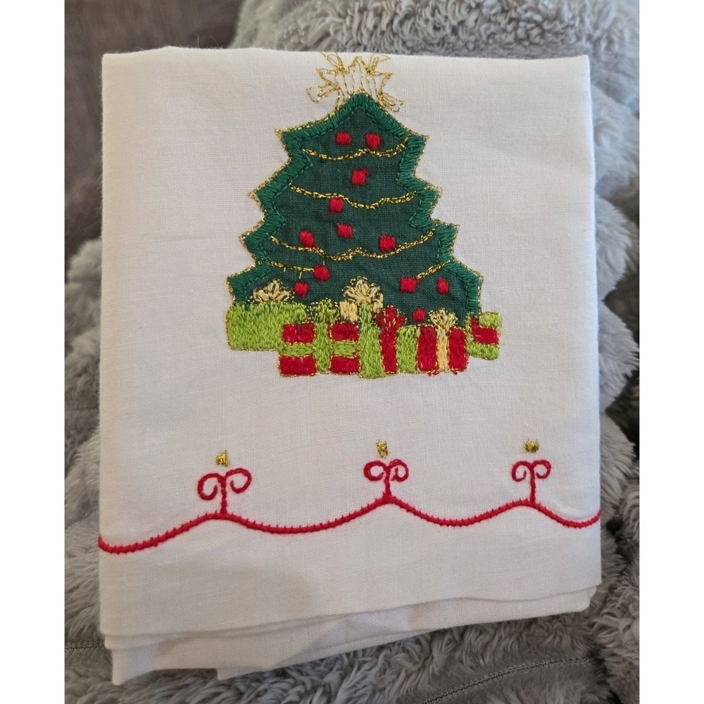 Embroidered Christmas Tree Tea Towel New